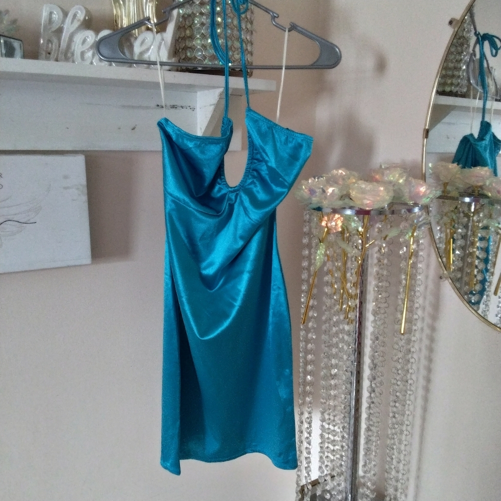 Bear Dance Teal Satin Slip Dress